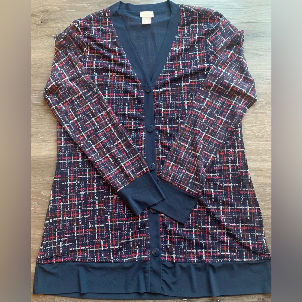 Chico’s Women's Tweed Mesh Cardigan Sweater Long Sleeve Navy/Pink - Pre-Owned